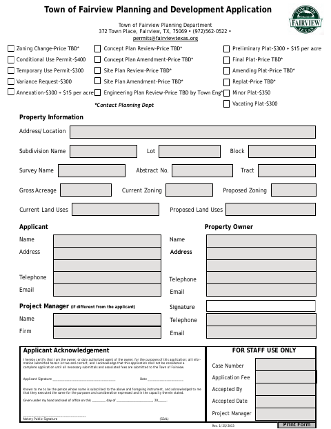 First page of the Planning and Development Application