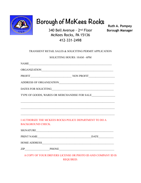 First page of the Transient Retail Sales & Soliciting Permit Application