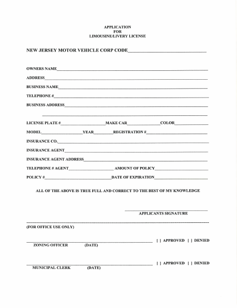 First page of the Limousine Livery License Application and Code