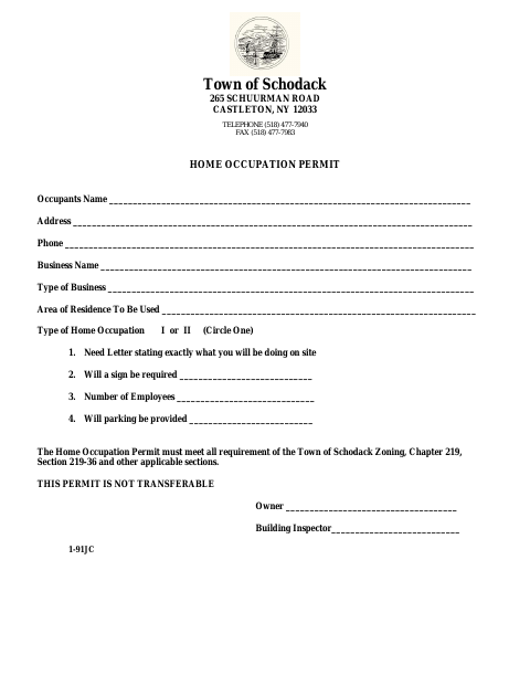 First page of the Home Occupation Permit Form