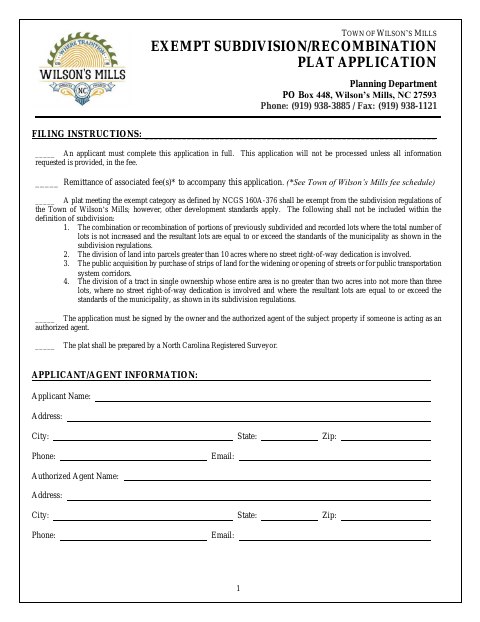 First page of the Exempt Subdivision / Recombination Plat Application