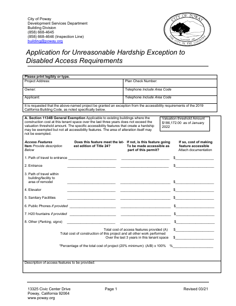 First page of the Application for Unreasonable Hardship Exception to Disabled Access Requirements