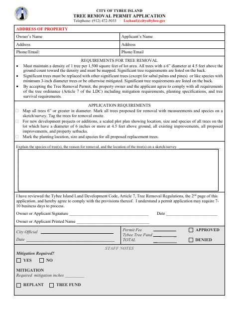 First page of the Tree Removal Permit Application