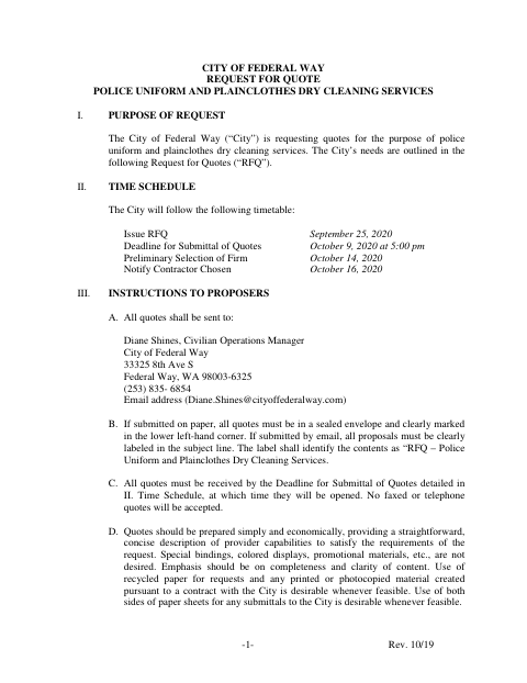 First page of the Request for Quote Police Uniform and Plainclothes Dry Cleaning Services