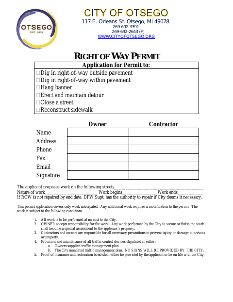 First page of the Right of Way Permit