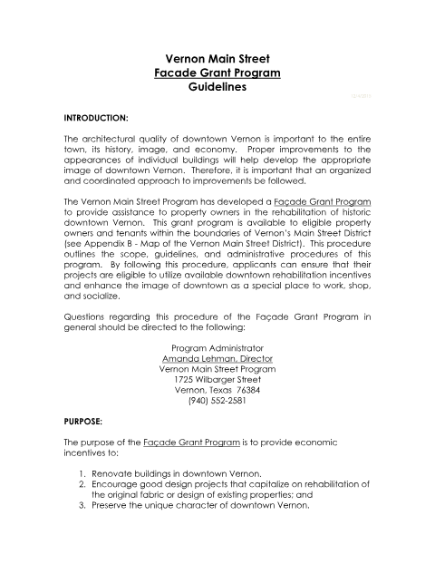 First page of the Main Street Facade Grant Program Guidelines and Application