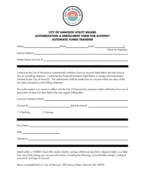First page of the Utility Billing Authorization & Enrollment Form for Autopay
