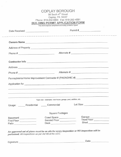 First page of the Swimming Pool Building Permit Application