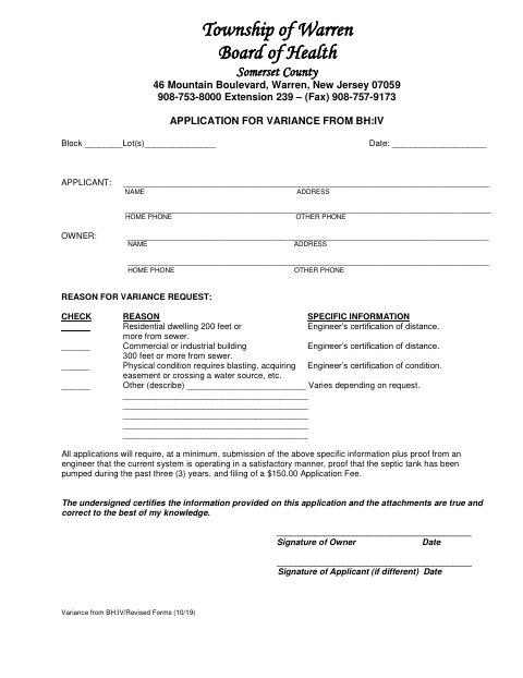 First page of the Application for Variance From BH:IV
