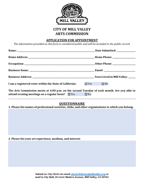 First page of the Arts Commission Application for Appointment
