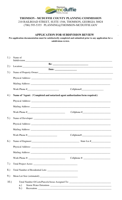 First page of the Application for Subdivision Review
