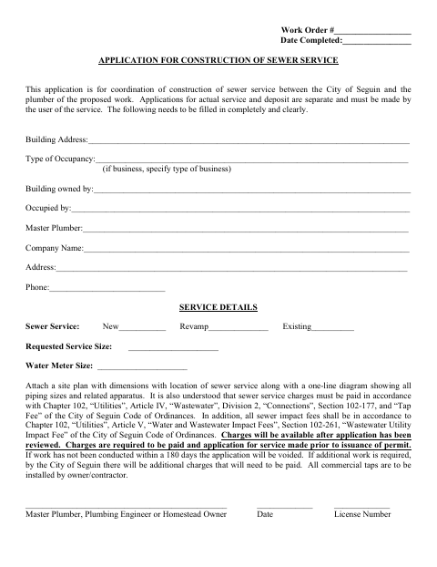 First page of the Application for Construction of Sewer Service