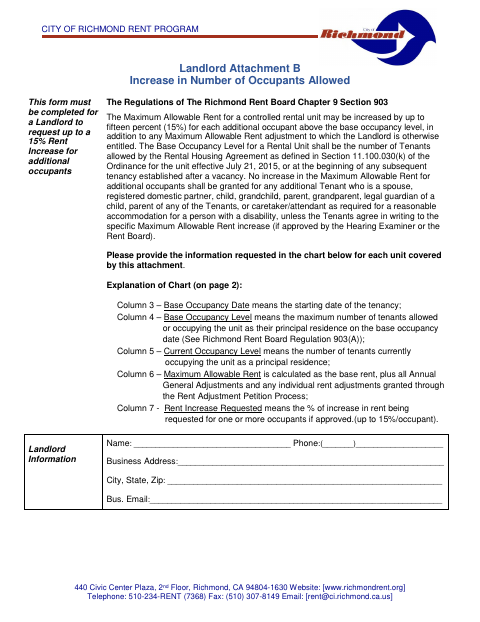 First page of the Landlord Attachment B: Increase In Number Of Occupants Allowed