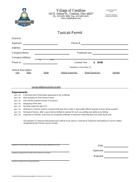 First page of the Taxicab Permit