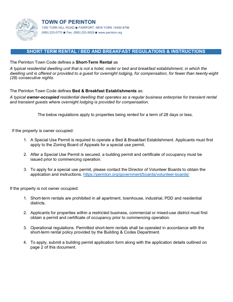 First page of the Short-Term Rental and Bed & Breakfast Regulations and Instructions