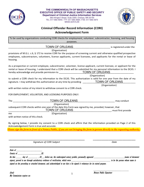 First page of the CORI Request and Authorization Form