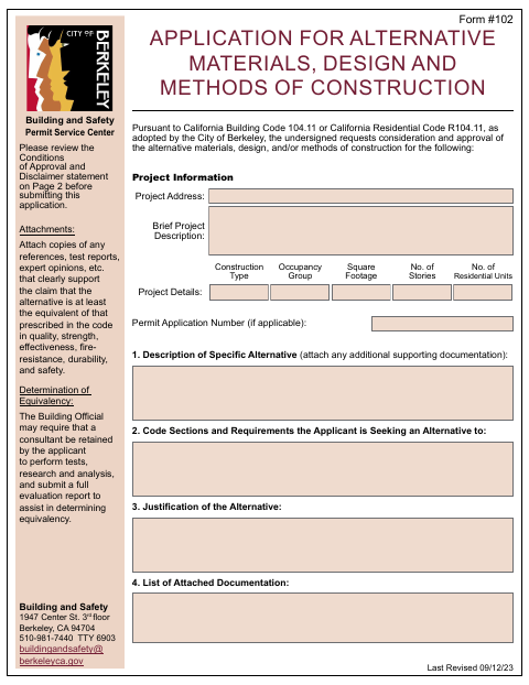 First page of the Application for Alternative Materials, Design and Methods of Construction
