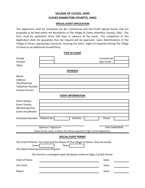 First page of the Special Event Application