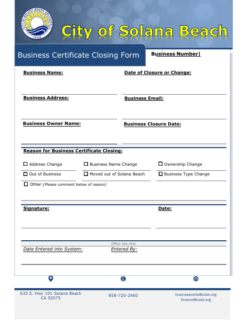 First page of the Business Certificate Closing Form
