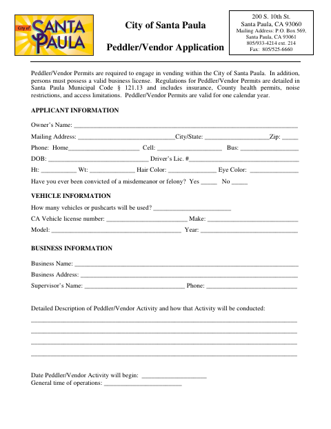 First page of the Peddler/Vendor Application