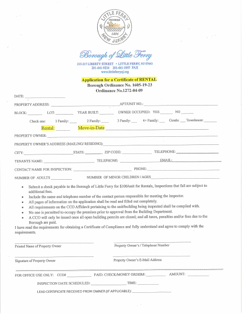 First page of the Certificate of Rental