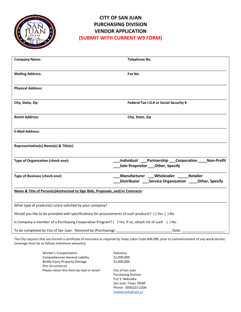 First page of the Vendor Application
