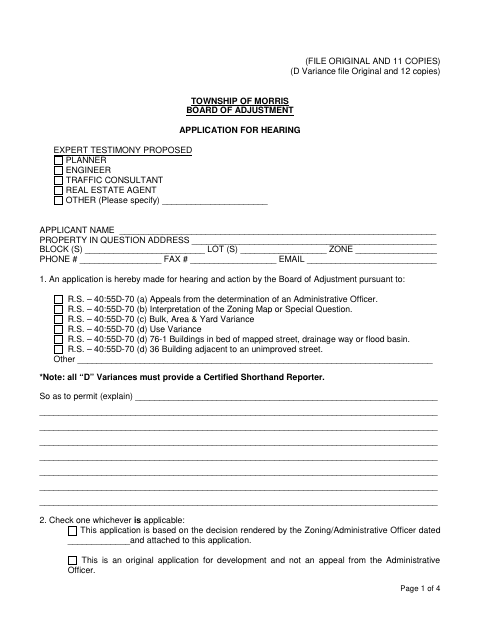 First page of the Board of Adjustment Application