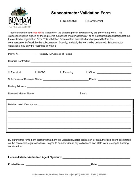 First page of the Subcontractor Validation Form