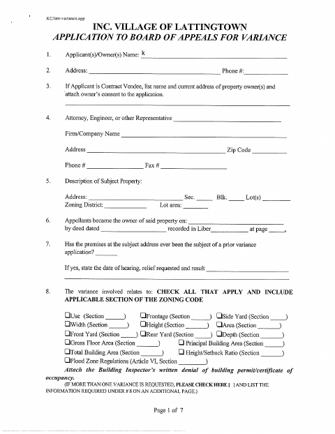 First page of the Application to the Zoning Board of Appeals