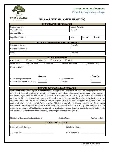 First page of the Building Permit Application (Irrigation)