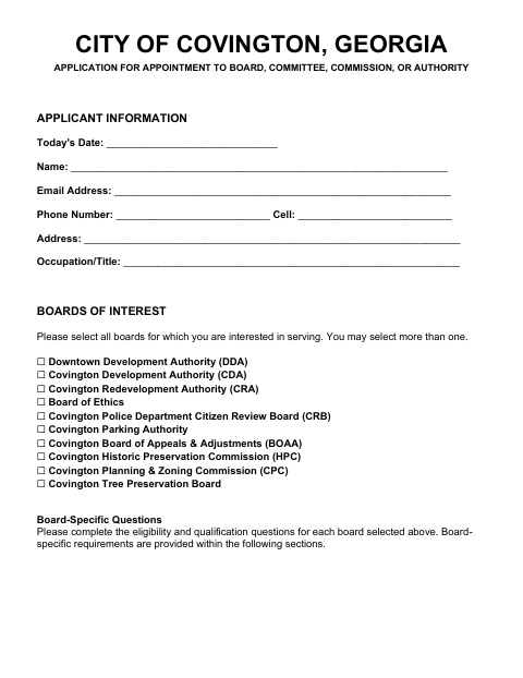 First page of the Application for Appointment to Board, Committee, Commission, or Authority