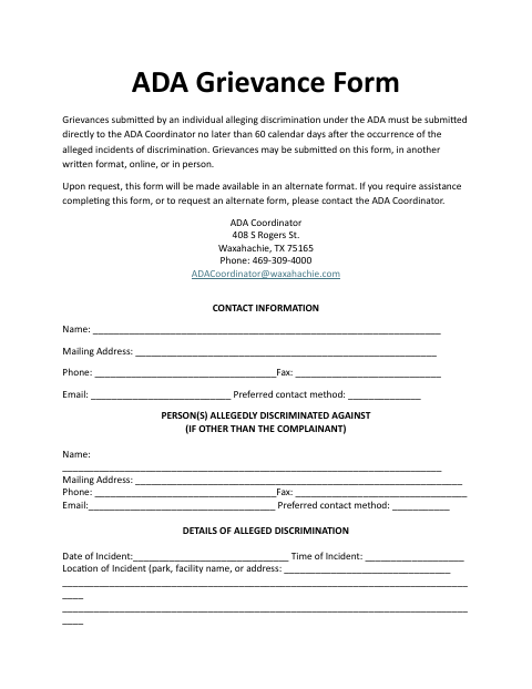 First page of the ADA Grievance Form
