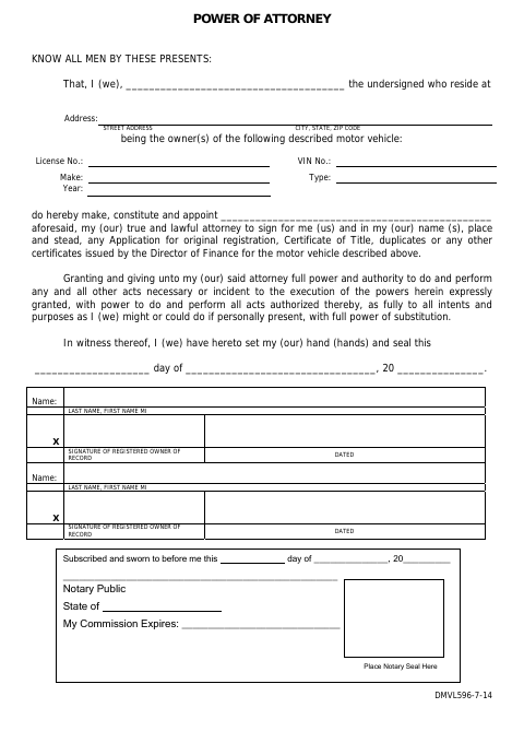 First page of the Motor Vehicle Power of Attorney