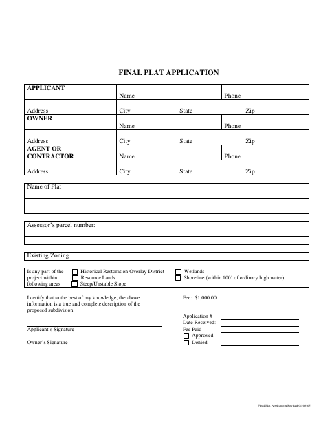 First page of the Final Plat Application
