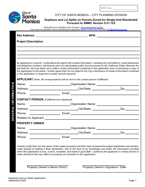 First page of the Duplexes and Lot Splits Application