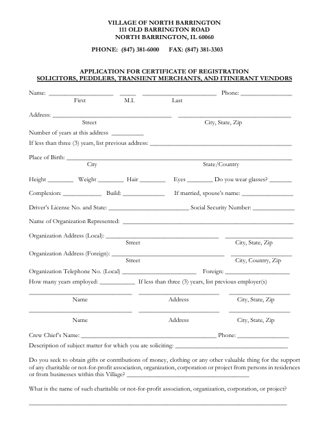 First page of the Certificate of Registration Application for Solicitors, Peddlers, Transient Merchants, and Itinerant Vendors