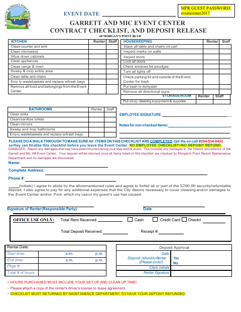 First page of the Garrett and Mic Event Center Contract Checklist and Deposit Release