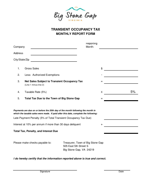 First page of the Transient Occupancy Tax Monthly Report Form