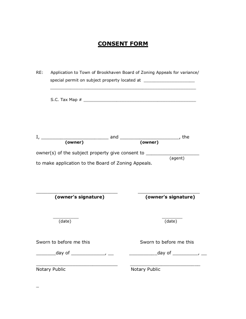 First page of the Board of Zoning Appeals Owner Consent Form