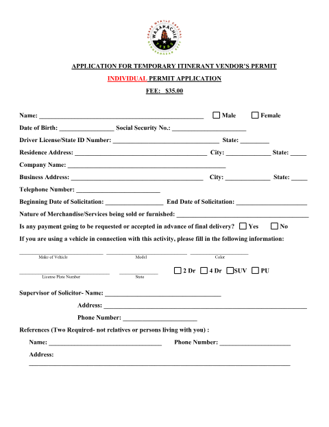 First page of the Individual Application for Temporary Itinerant Vendor