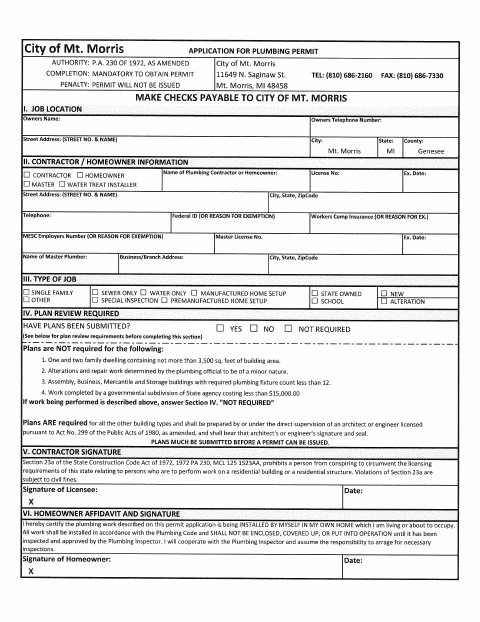 First page of the Plumbing Permit Application