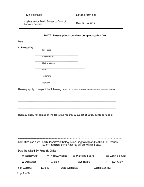 First page of the Application for Public Access to Town Records
