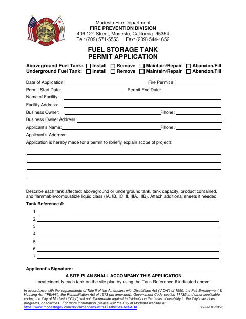 First page of the Fuel Storage Tank Permit Application