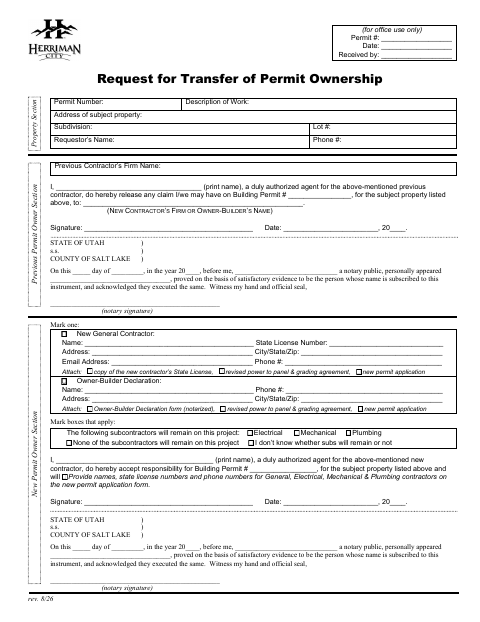 First page of the Request for Transfer of Permit Ownership