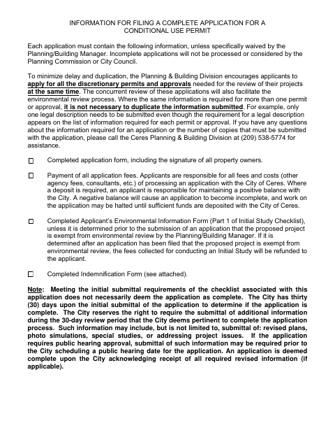 First page of the Information for Filing a Complete Application for a Conditional Use Permit