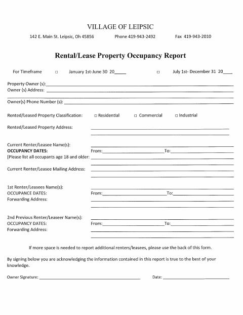 First page of the Rental Lease Property Occupancy Report