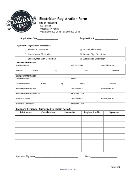 First page of the Electrician Registration Form