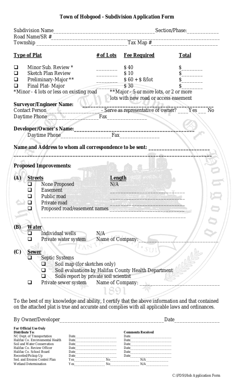 First page of the Subdivision Application