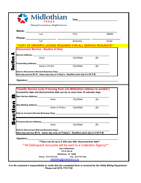 First page of the Water Service Disconnect/Transfer Form