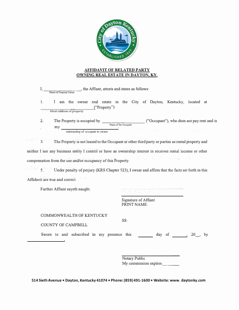 First page of the Related Party Property Owner Affidavit